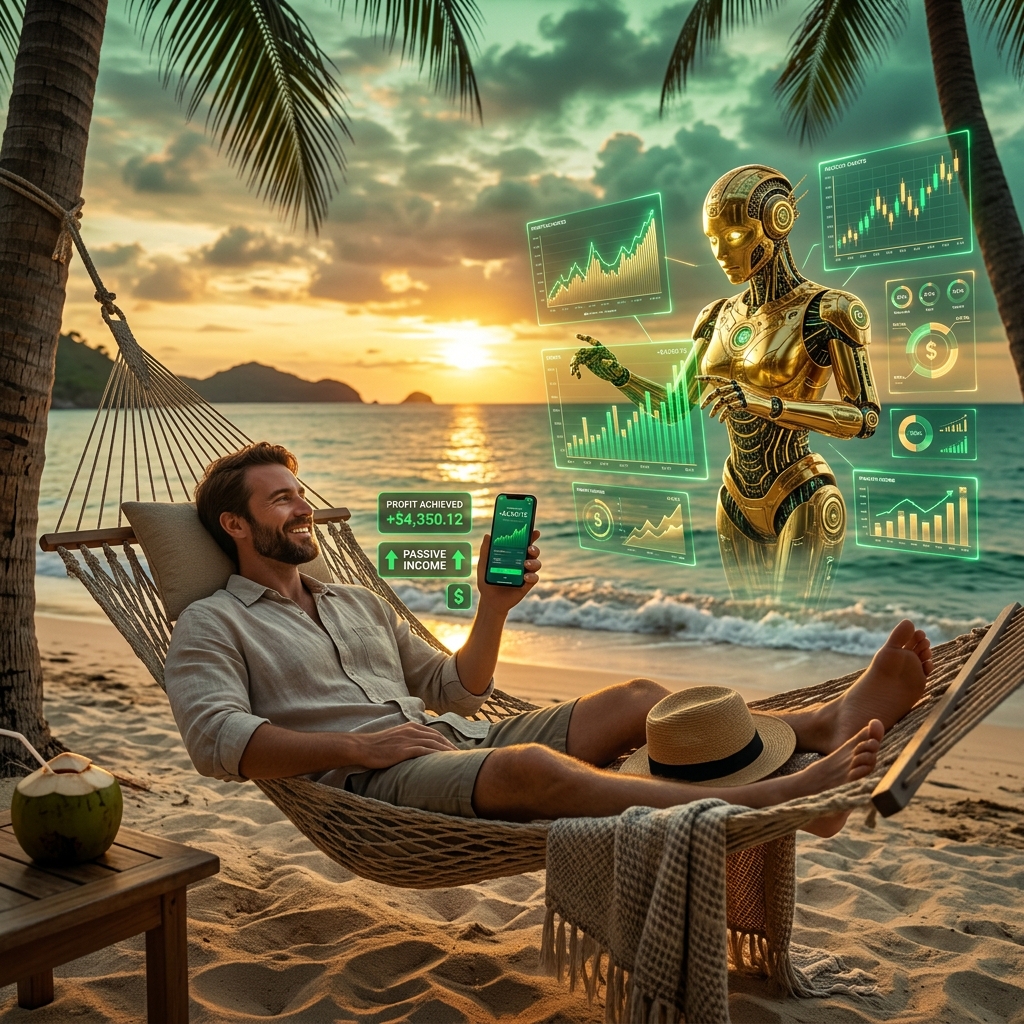 Pessoa relaxando enquanto o robô de IA do VipTrader Smart opera automaticamente no mercado financeiro